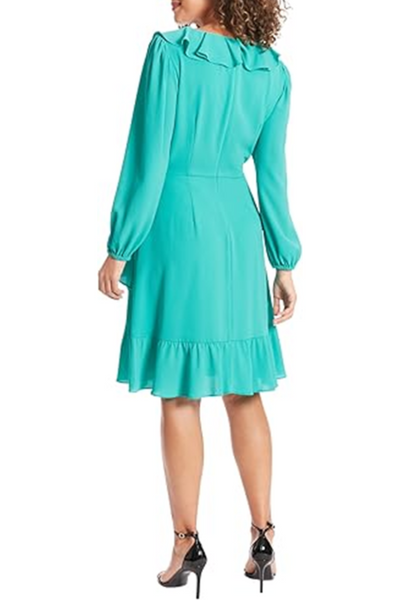 London Times T7326M Teal Green Long Sleeve Tie Waist Ruffle Dress with Bubble Crepe, Ruffled Detail