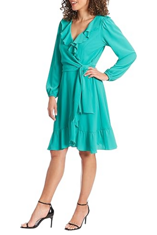 London Times T7326M Teal Green Long Sleeve Tie Waist Ruffle Dress with Bubble Crepe, Ruffled Detail