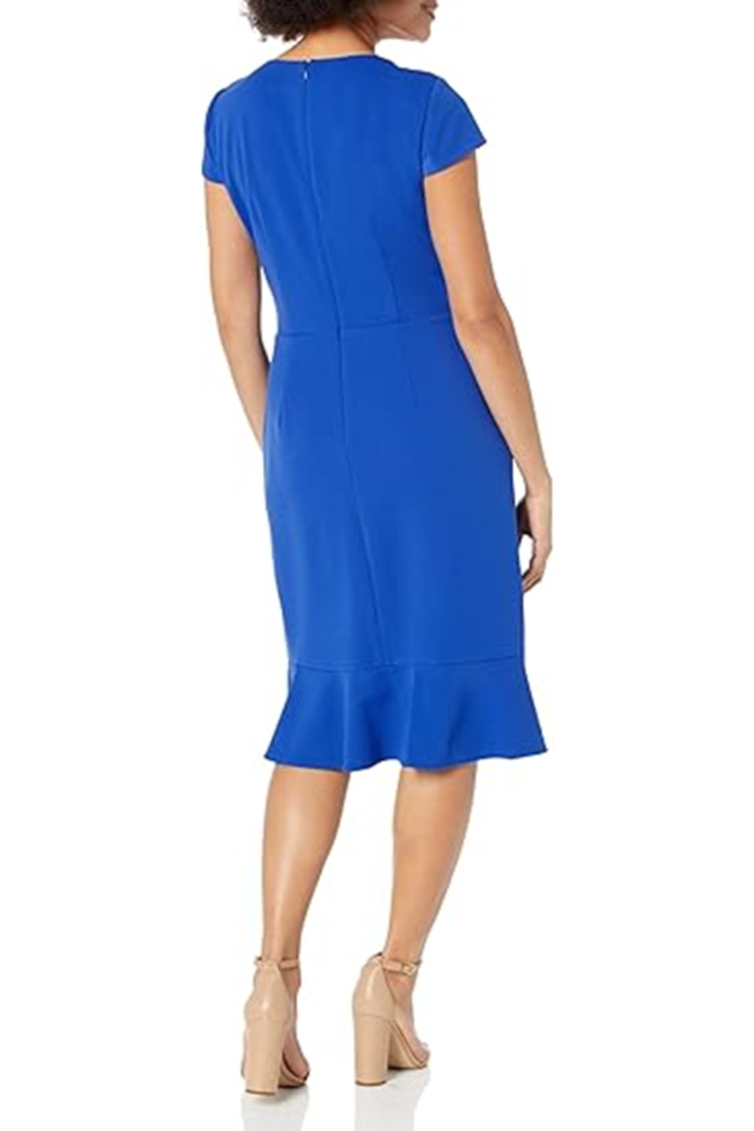 London Times T7337M Bright Cobalt Rosette Ruffled Skirt Faux Wrap Dress with Short Sleeve, Scuba Crepe