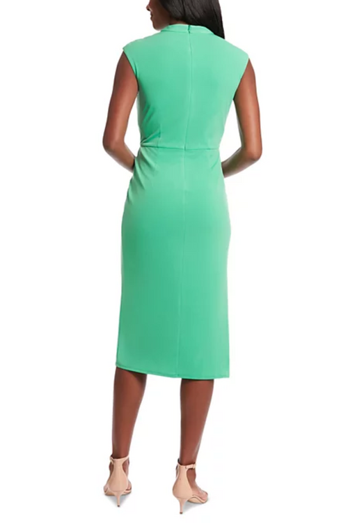 London Times T7357M Green Cap Sleeve Ruched Mock Neck Dress with Jersey, Slit Detail