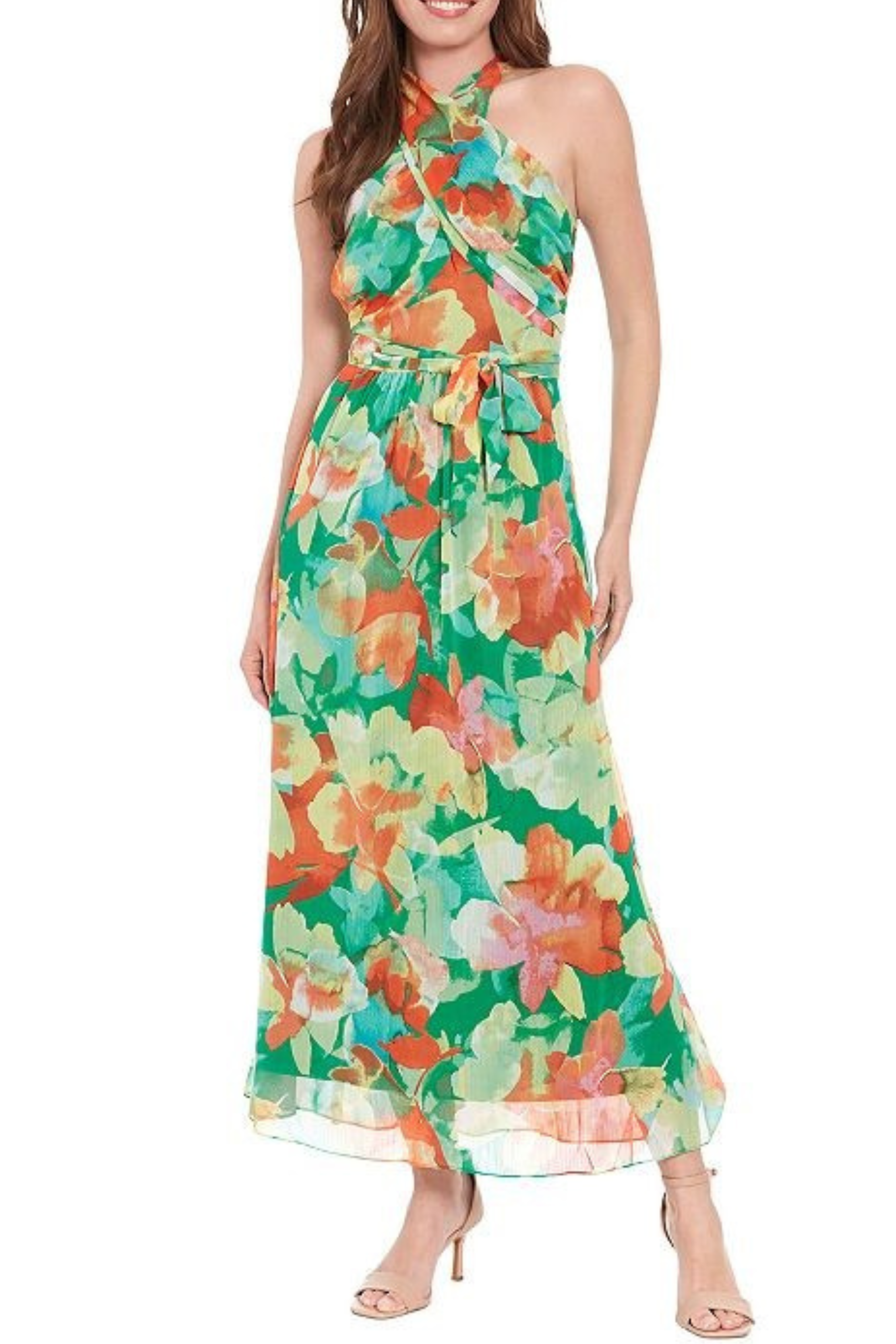 London Times T7565M Green Multi Flower Print Cross Neck 100% Polyester Maxi Dress with Floral Print