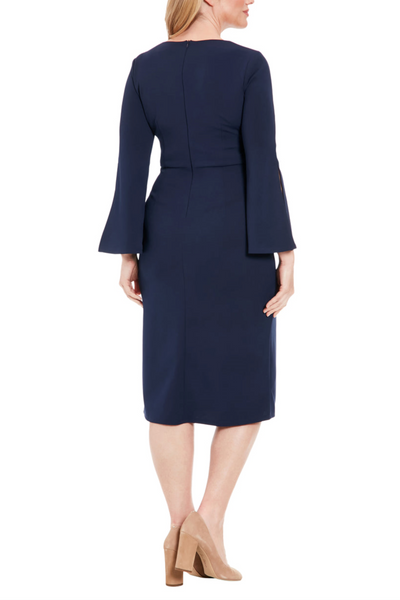 London Times T7631M Long Sleeve Twisted Knot Sheath Dress with V-Neck, Scuba Crepe