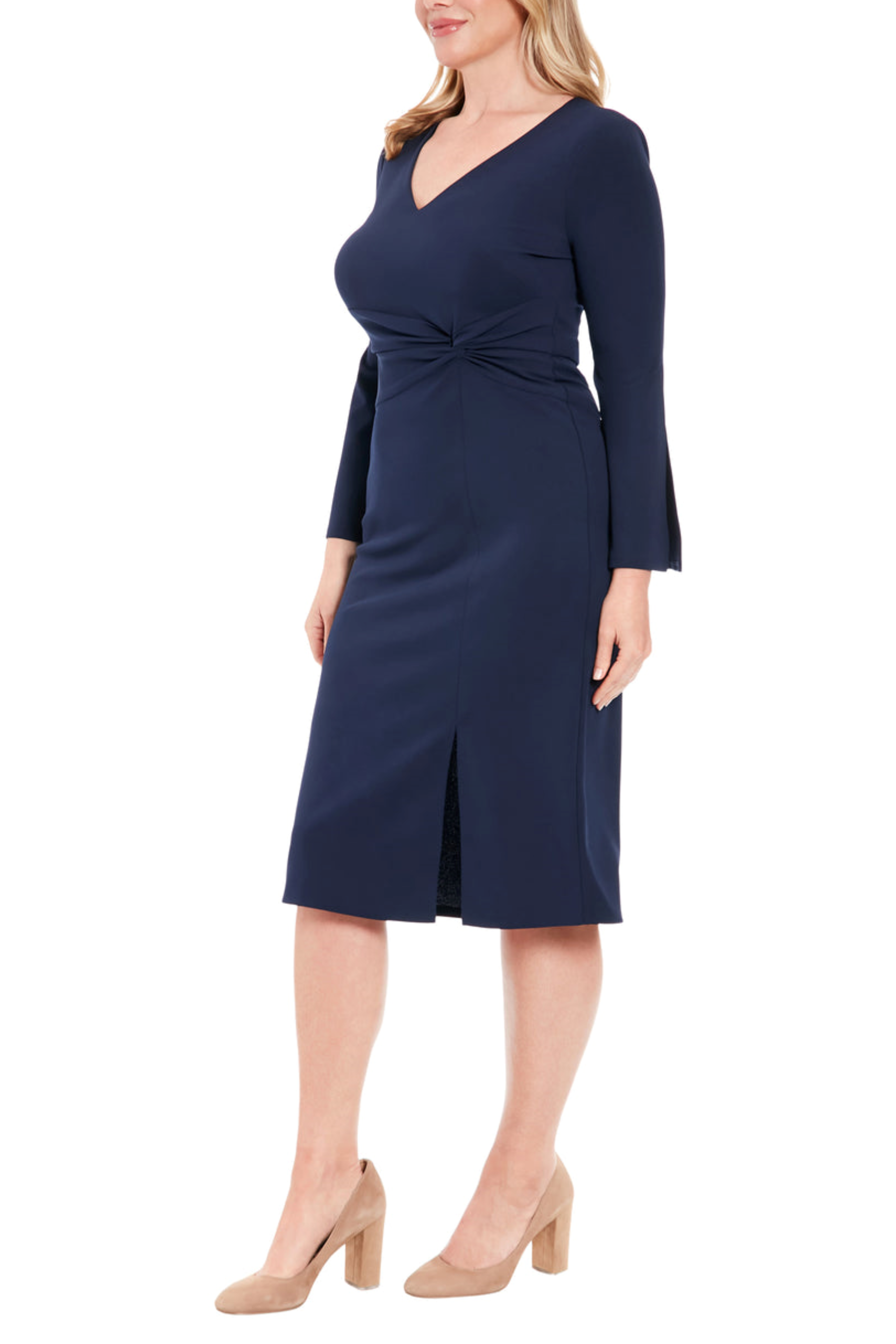 London Times T7631M Long Sleeve Twisted Knot Sheath Dress with V-Neck, Scuba Crepe