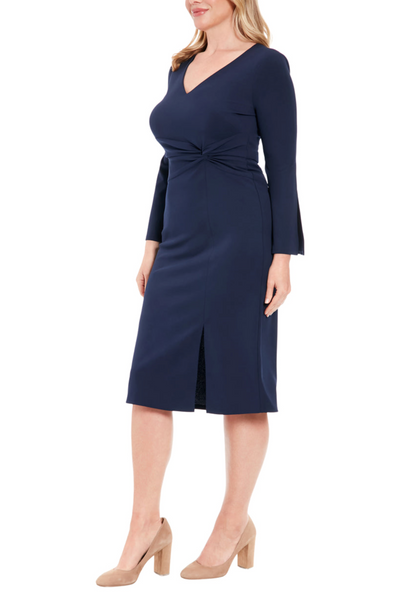 London Times T7631M Long Sleeve Twisted Knot Sheath Dress with V-Neck, Scuba Crepe