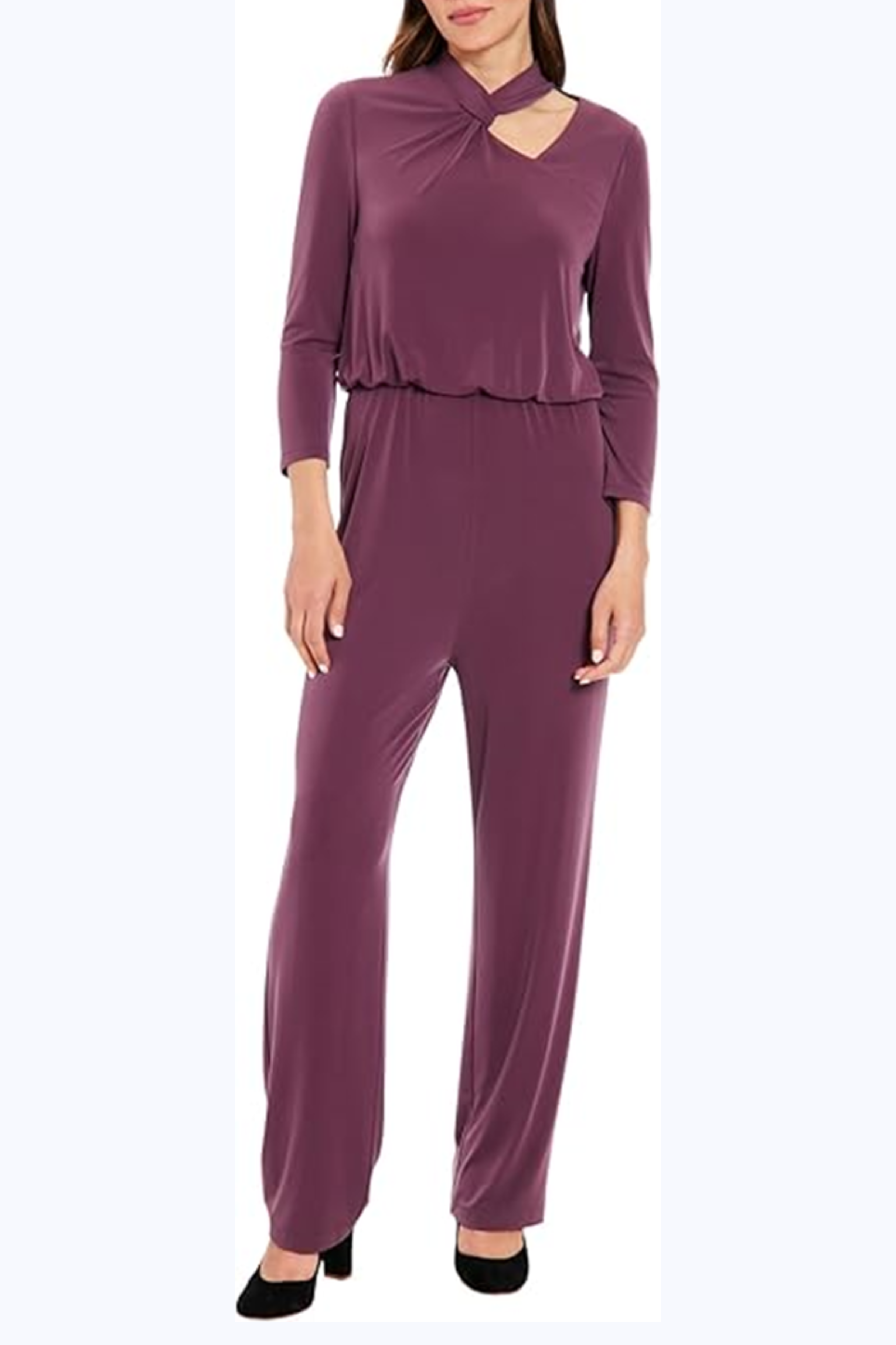 London Times T7633M Eggplant 3/4 Sleeve Cutout Neck Jumpsuit with Jersey, Pleated Detail