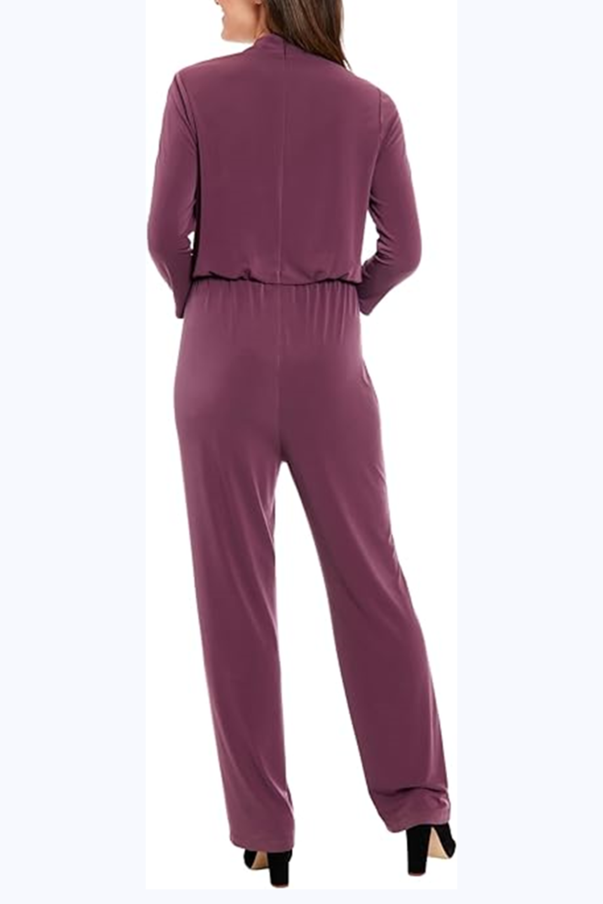 London Times T7633M Eggplant 3/4 Sleeve Cutout Neck Jumpsuit with Jersey, Pleated Detail