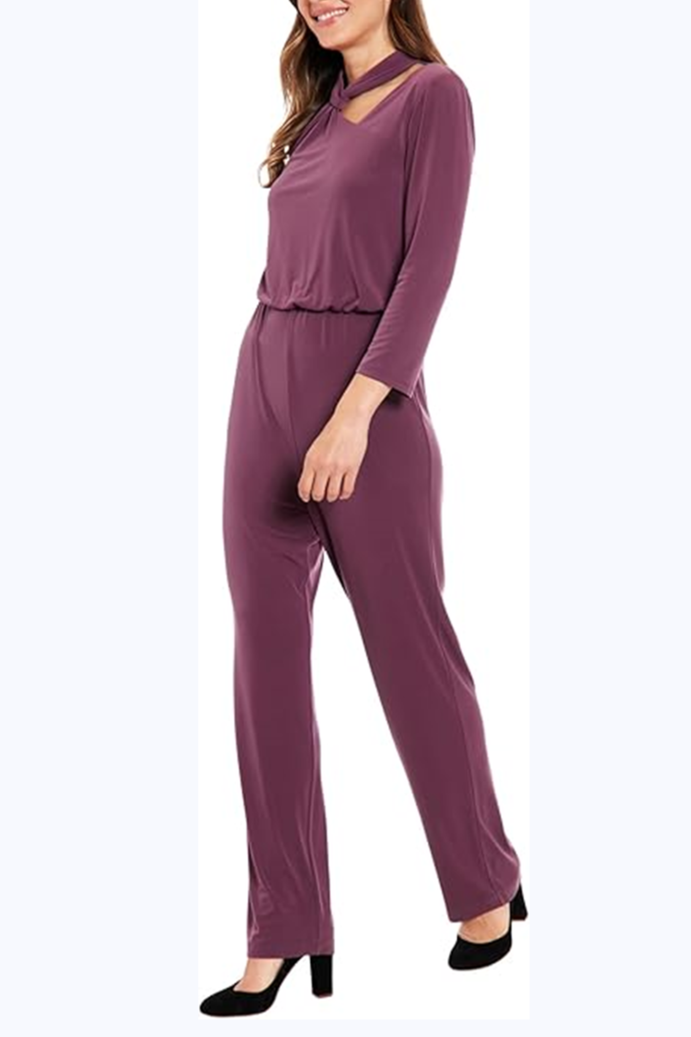 London Times T7633M Eggplant 3/4 Sleeve Cutout Neck Jumpsuit with Jersey, Pleated Detail