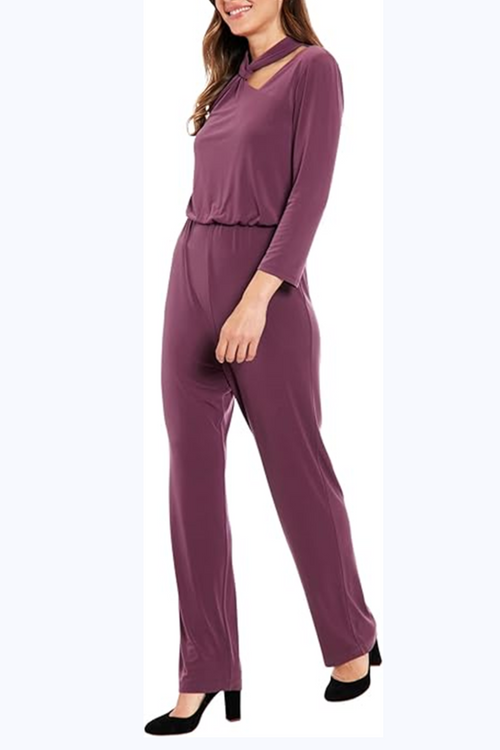 London Times T7633M Eggplant 3/4 Sleeve Cutout Neck Jumpsuit with Jersey, Pleated Detail