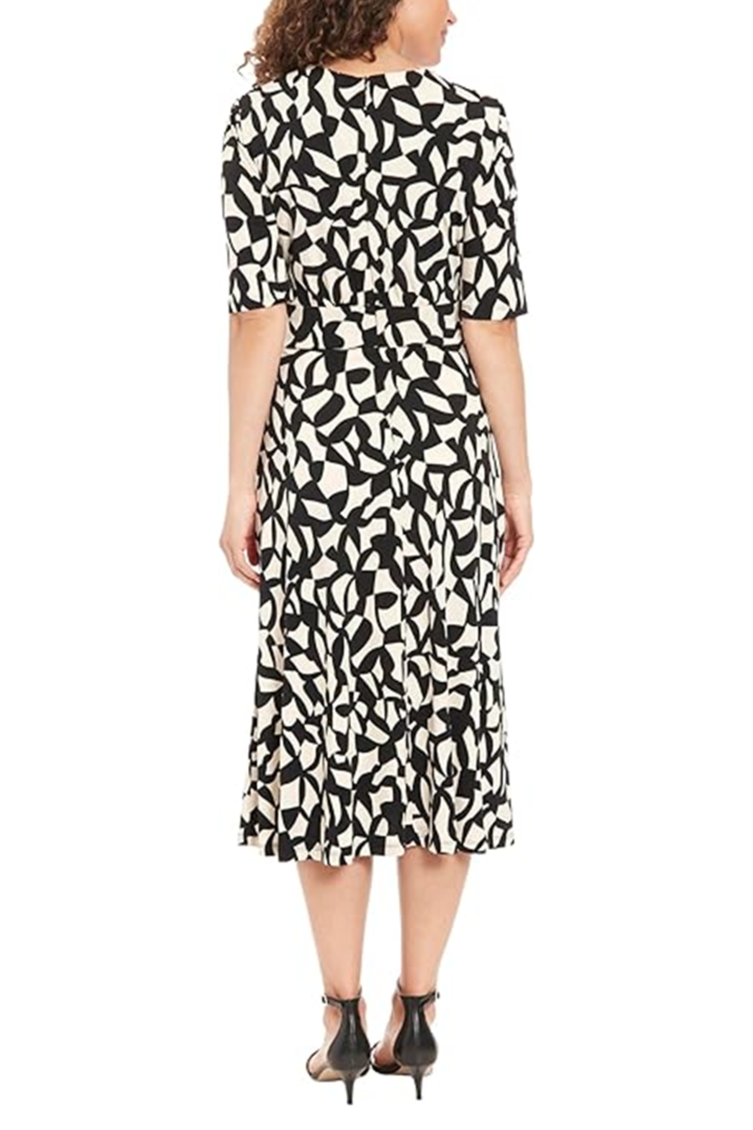 London Times T7653M Black Cream Geometric Print A-Line Midi Dress with Jewel Neck, Jersey