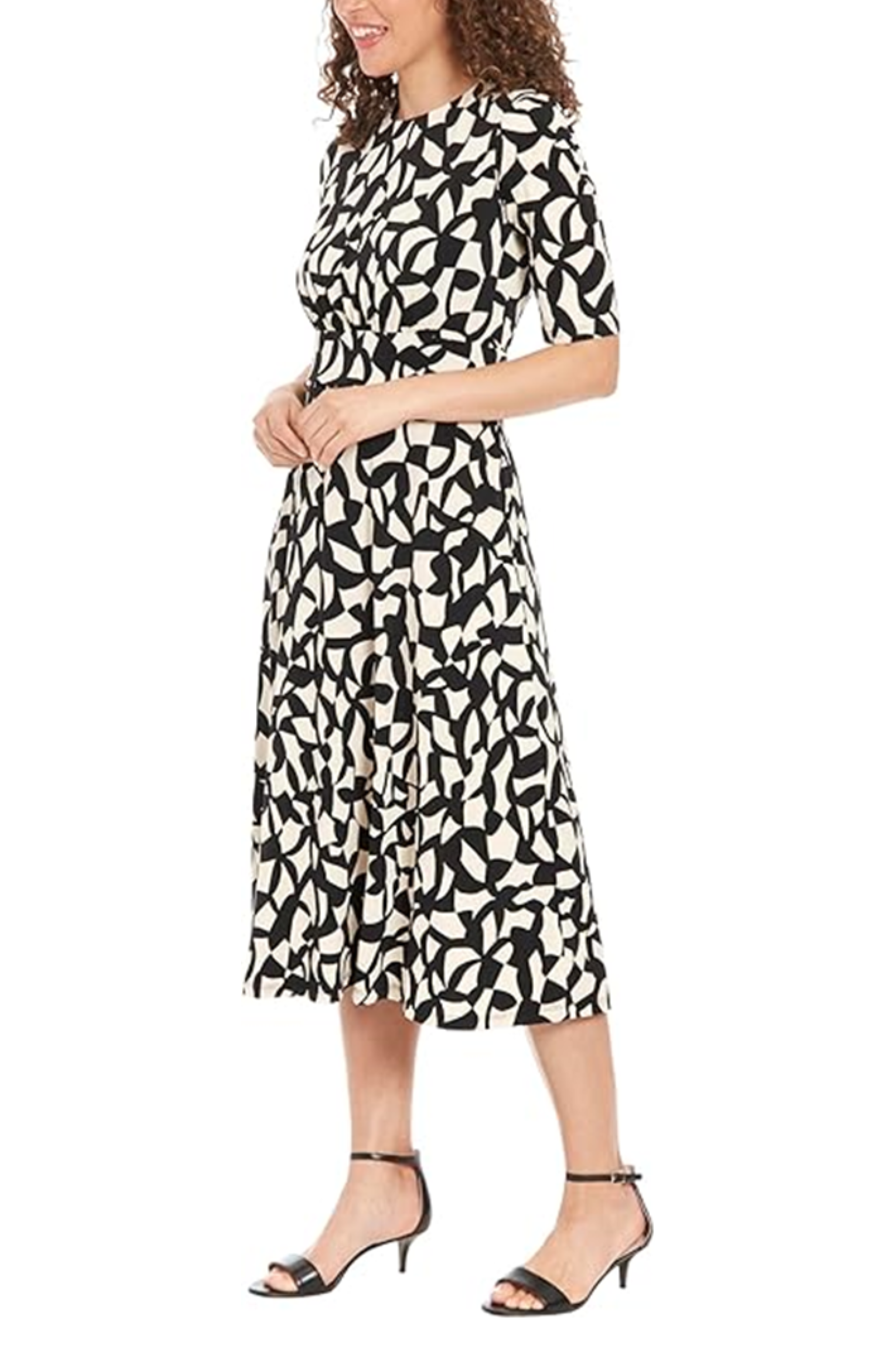 London Times T7653M Black Cream Geometric Print A-Line Midi Dress with Jewel Neck, Jersey