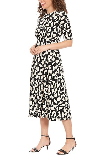 London Times T7653M Black Cream Geometric Print A-Line Midi Dress with Jewel Neck, Jersey