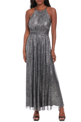 London Times T7669M Black Gunmetal High Neck Metallic Evening Maxi Dress with Metallic Finish