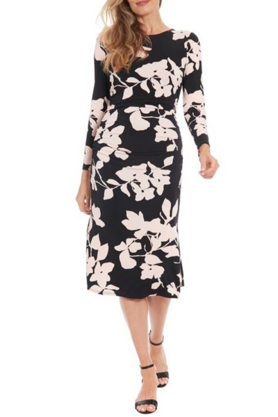 London Times T7746M Flower Print Sheath Long Sleeve Jersey Midi Dress with Slit Detail and Floral Print