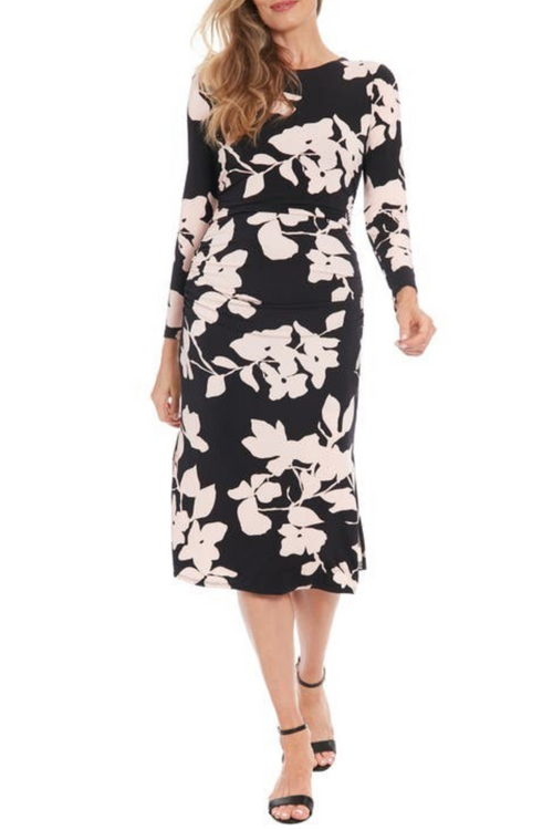 London Times T7746M Flower Print Sheath Long Sleeve Jersey Midi Dress with Slit Detail and Floral Print