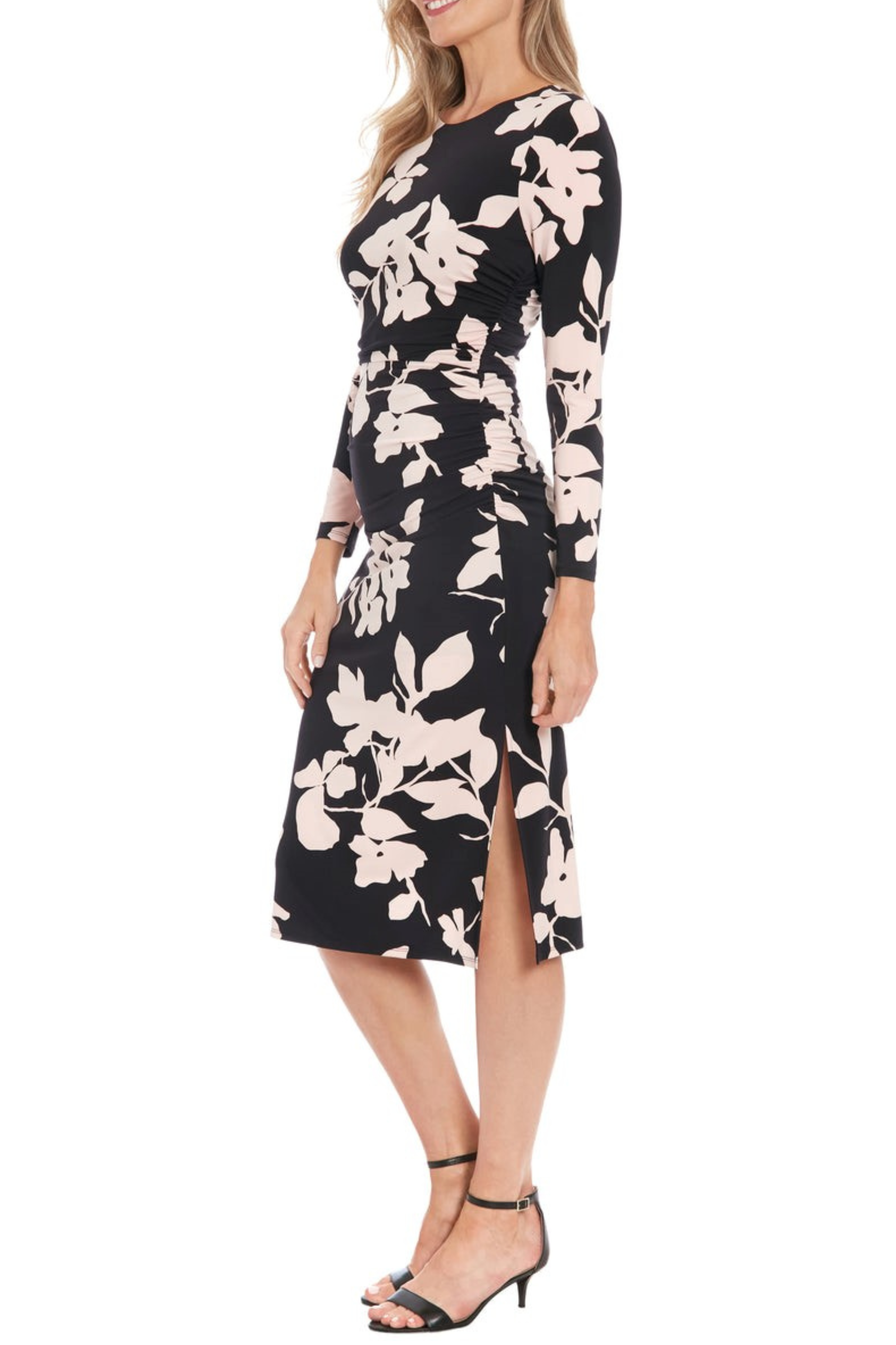 London Times T7746M Flower Print Sheath Long Sleeve Jersey Midi Dress with Slit Detail and Floral Print