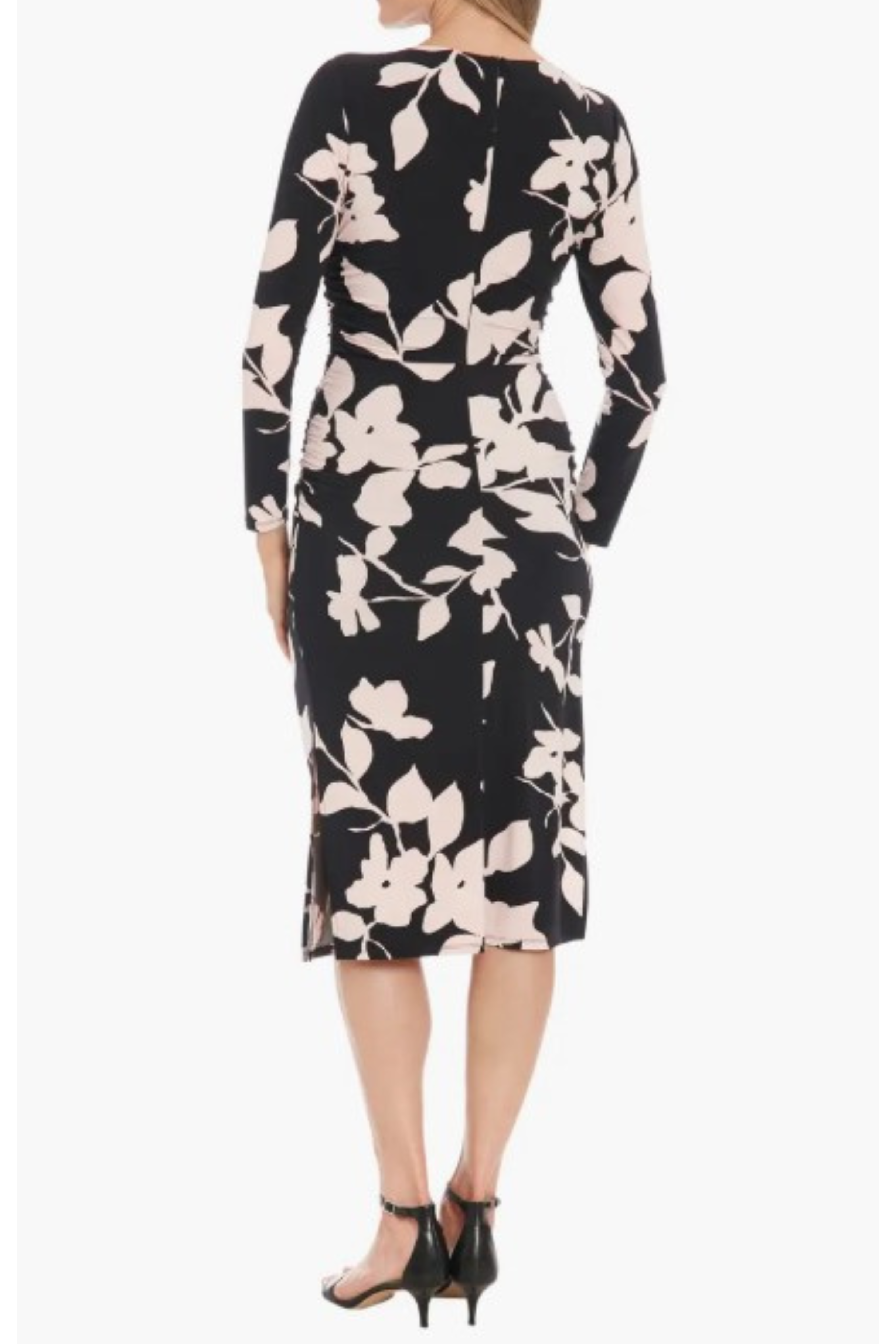 London Times T7746M Flower Print Sheath Long Sleeve Jersey Midi Dress with Slit Detail and Floral Print