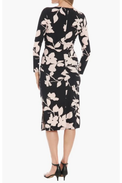 London Times T7746M Flower Print Sheath Long Sleeve Jersey Midi Dress with Slit Detail and Floral Print