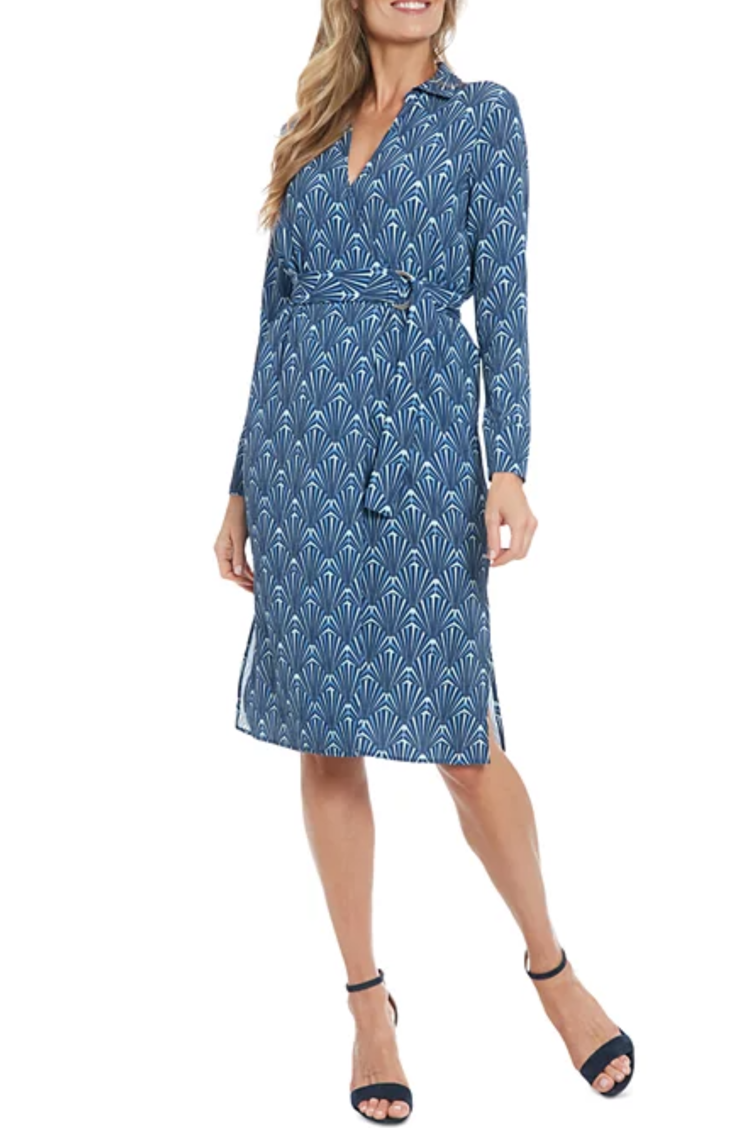 London Times T7748M Blue Multi Long Sleeve Geo Print Faux Wrap Dress with Bubble Crepe, Geometric Print