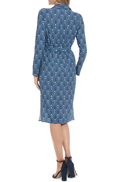 London Times T7748M Blue Multi Long Sleeve Geo Print Faux Wrap Dress with Bubble Crepe, Geometric Print