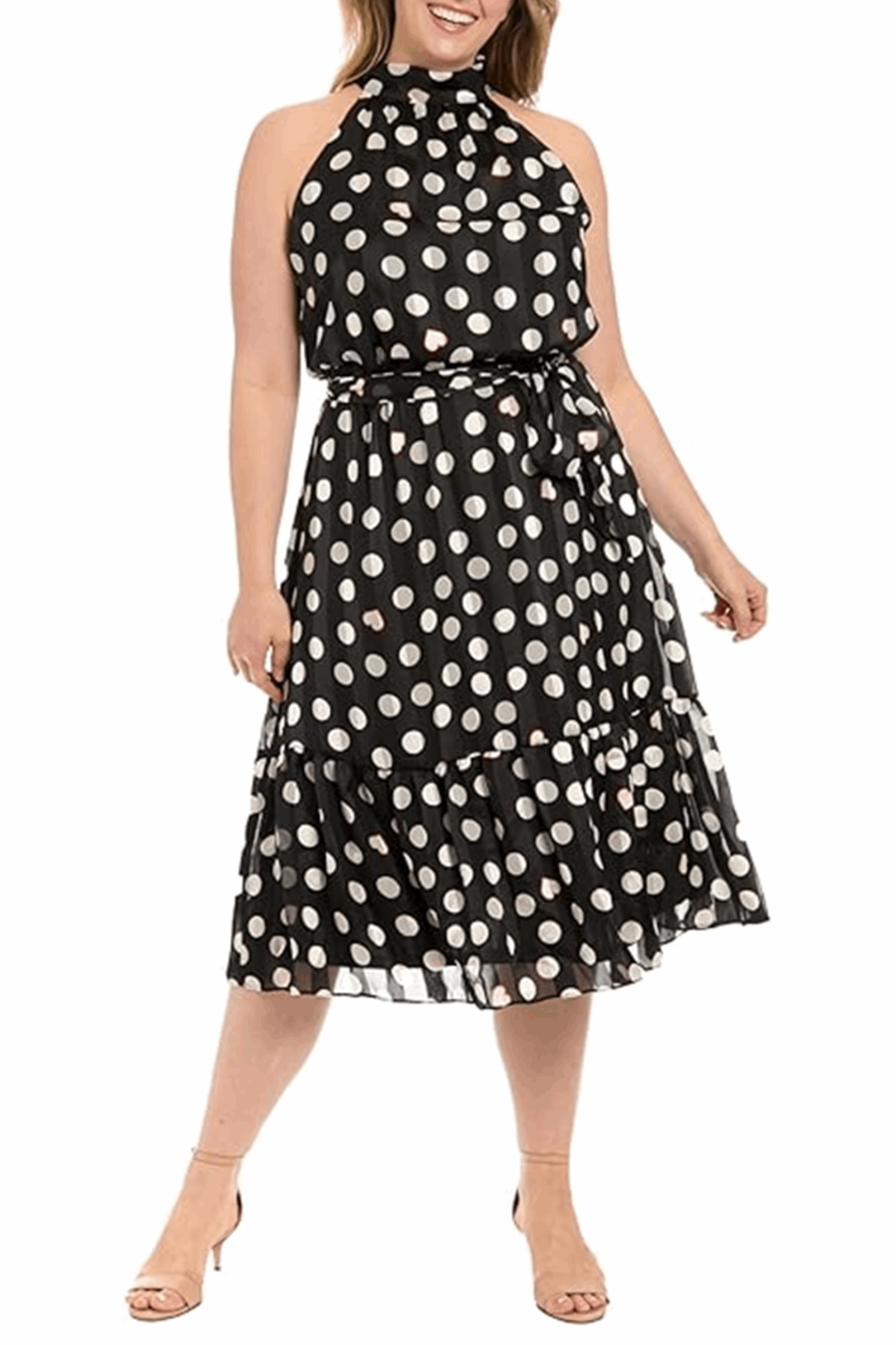 London Times T7749M Black Cream Polka Dot Heart Halter Neck Dress with Chiffon, A-Line