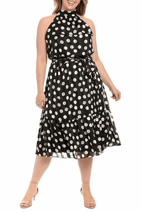London Times T7749M Black Cream Polka Dot Heart Halter Neck Dress with Chiffon, A-Line