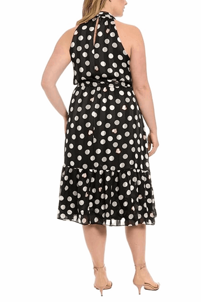 London Times T7749M Black Cream Polka Dot Heart Halter Neck Dress with Chiffon, A-Line