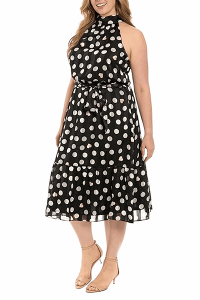 London Times T7749M Black Cream Polka Dot Heart Halter Neck Dress with Chiffon, A-Line