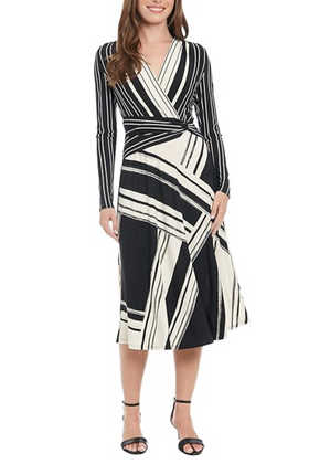 London Times T7753M Black Cream Long Sleeve A-Line Faux Wrap Dress with Jersey, Striped Design