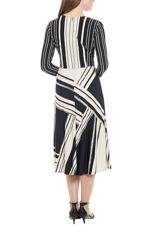 London Times T7753M Black Cream Long Sleeve A-Line Faux Wrap Dress with Jersey, Striped Design