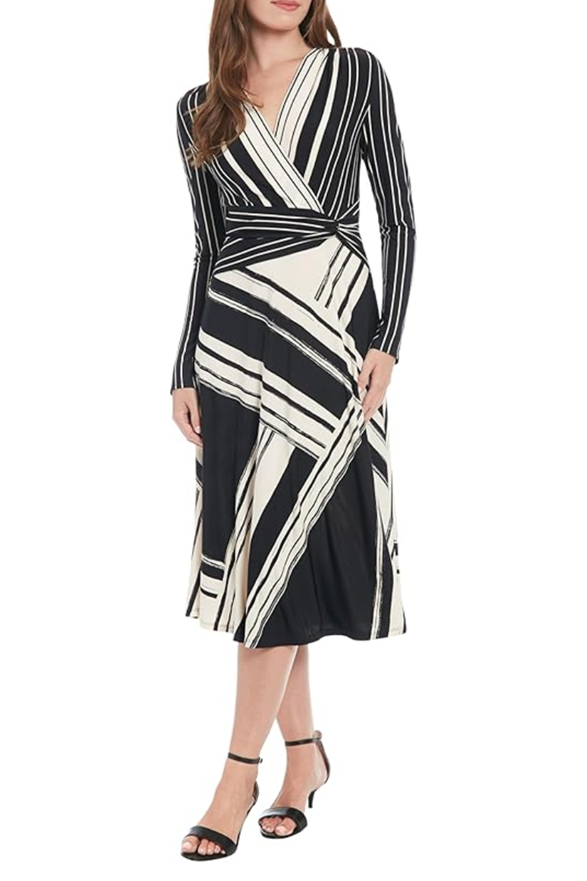 London Times T7753M Black Cream Long Sleeve A-Line Faux Wrap Dress with Jersey, Striped Design