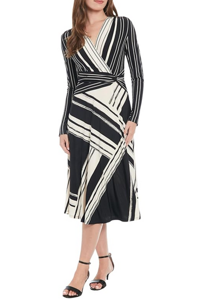 London Times T7753M Black Cream Long Sleeve A-Line Faux Wrap Dress with Jersey, Striped Design