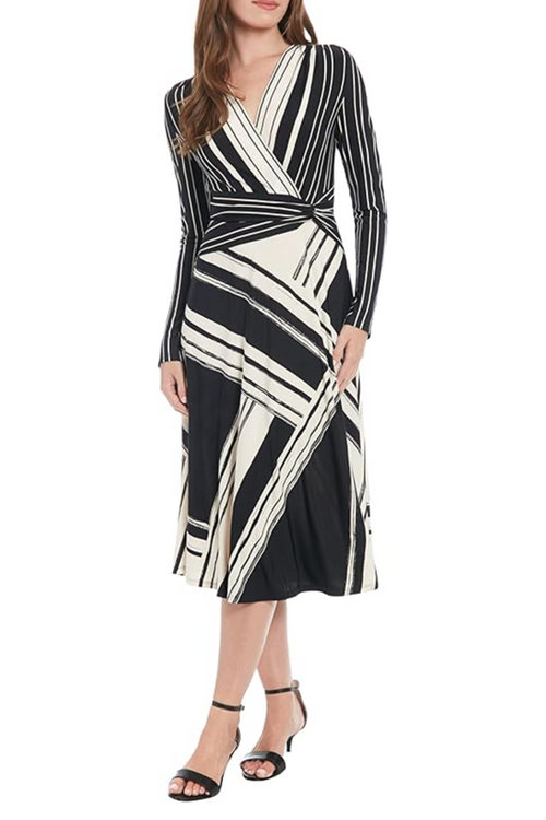 London Times T7753M Black Cream Long Sleeve A-Line Faux Wrap Dress with Jersey, Striped Design
