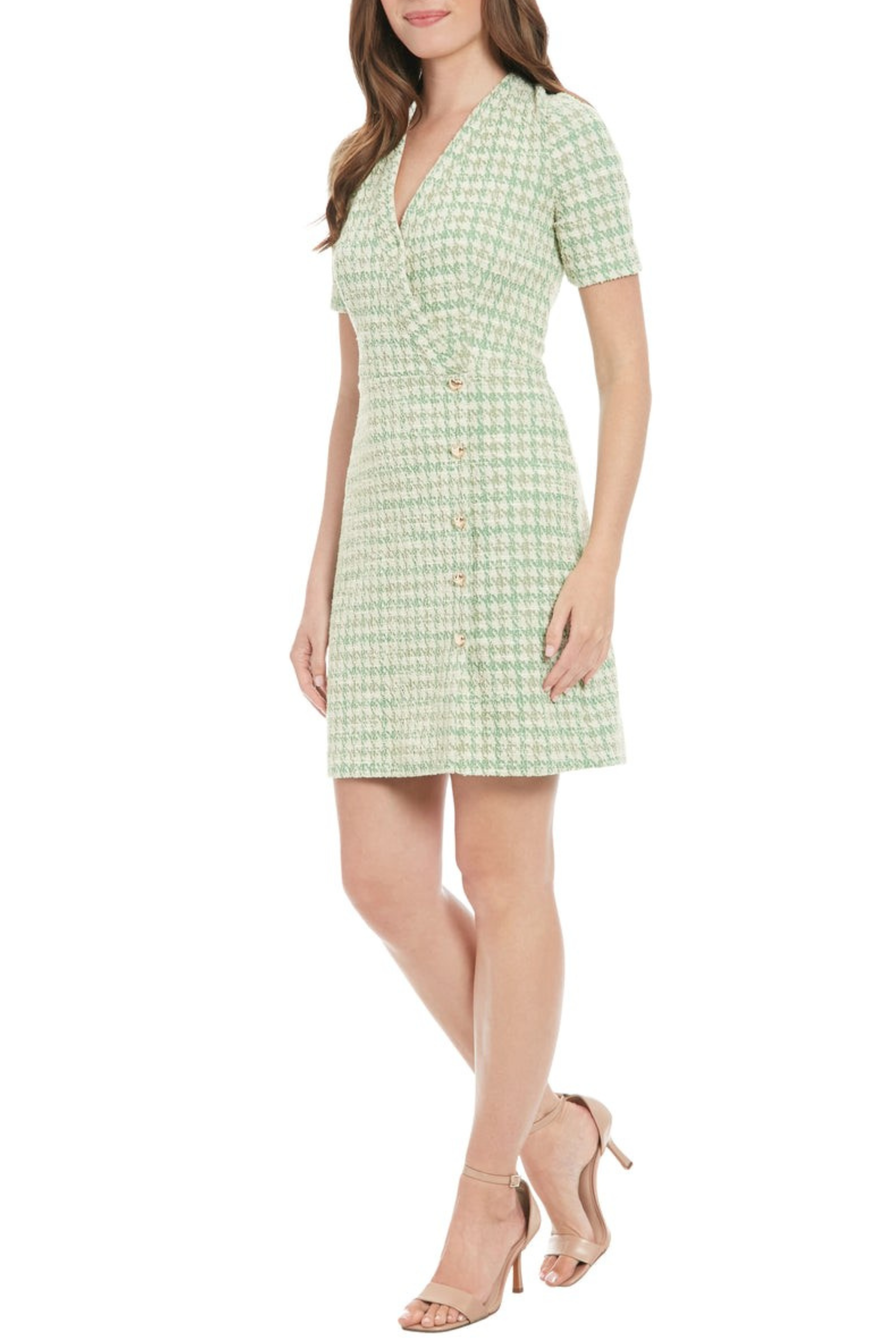 London Times T7764M Green Houndstooth Short Faux Wrap Dress with Surplice V-Neck, Short Sleeve, Tweed