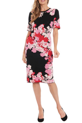 London Times T7807M Black Pink Short Sleeve Floral Jewel Neck Sheath Viscose Knit Sweater Dress