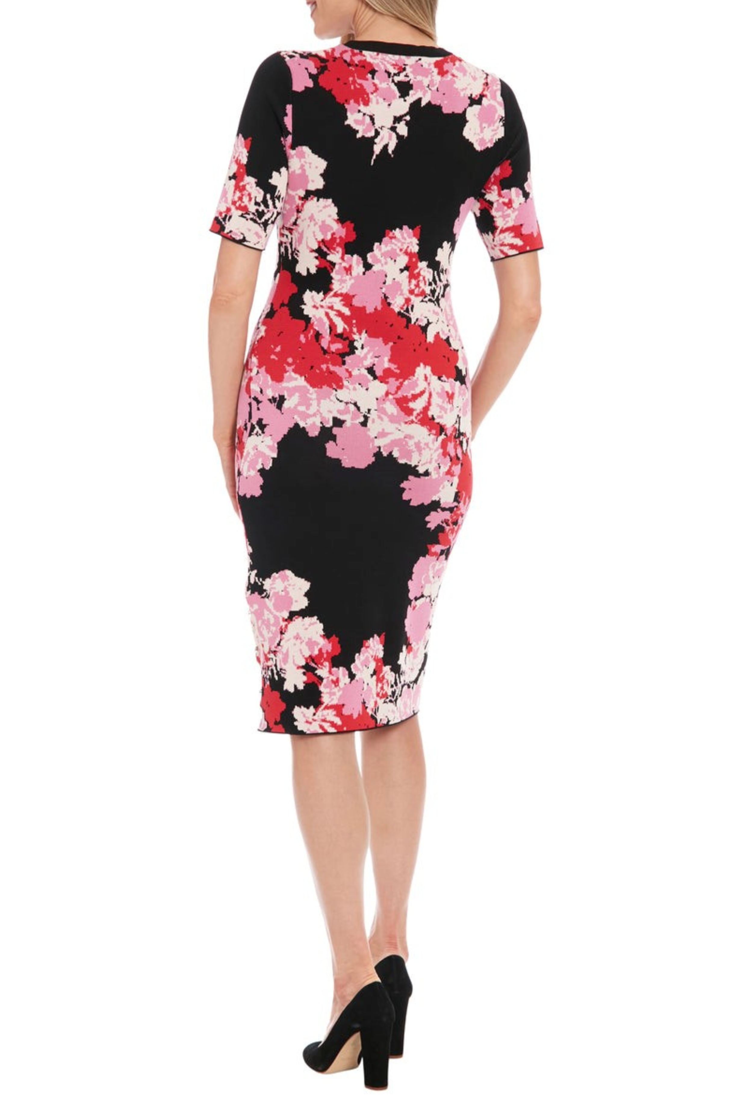 London Times T7807M Black Pink Short Sleeve Floral Jewel Neck Sheath Viscose Knit Sweater Dress