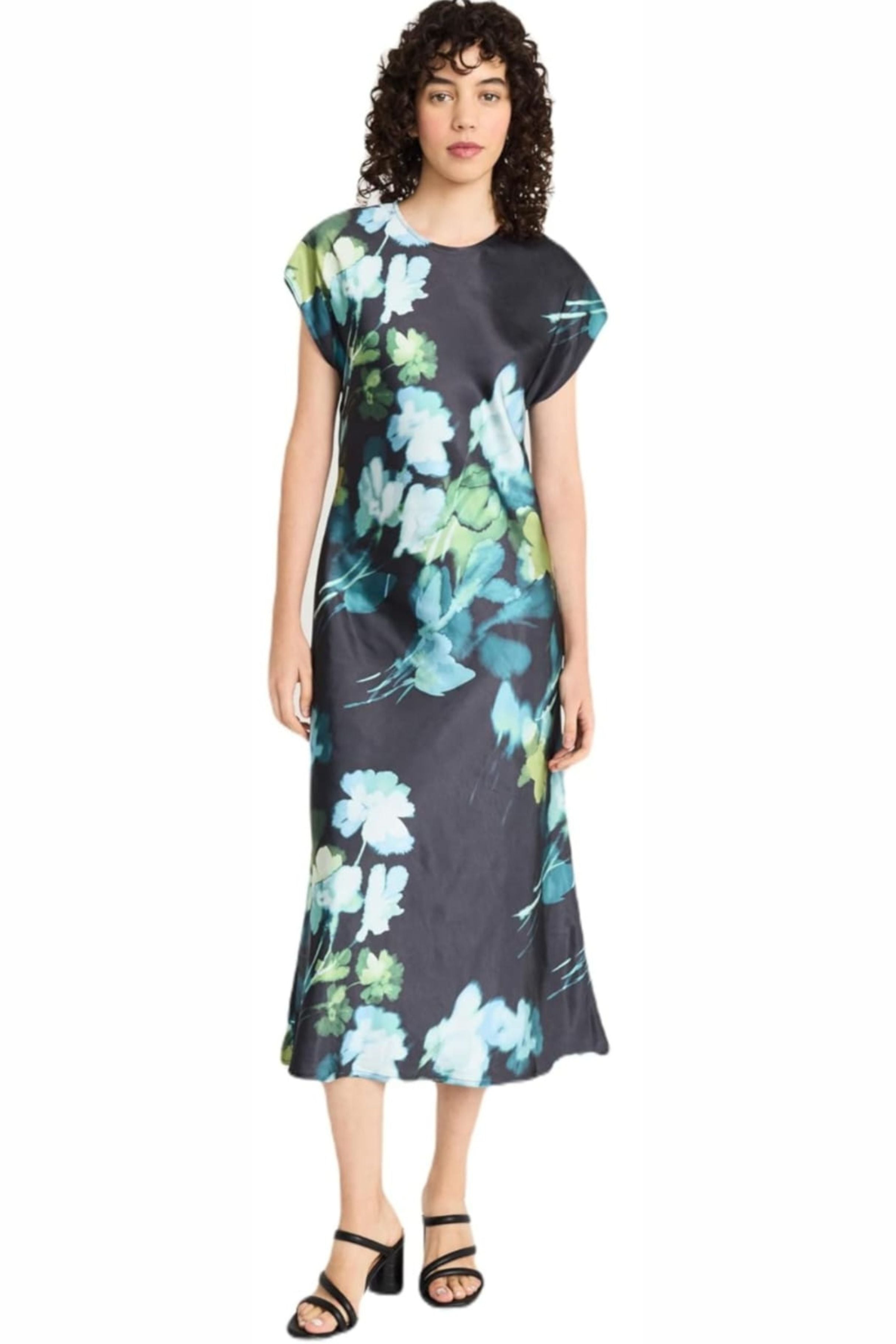 Luxely Y10067M Cap Drop Shoulder Floral Charmeuse Mermaid Maxi Dress
