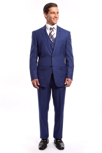 Traje de negocios con chaleco de dos botones para hombre en raya diplomática azul francés