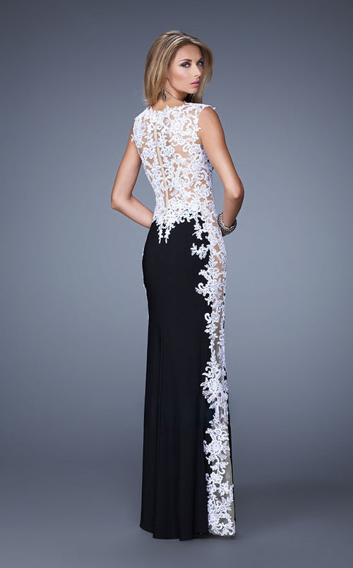 La Femme 20895 Tulle Embroidered Slit Sleeveless Prom Dress