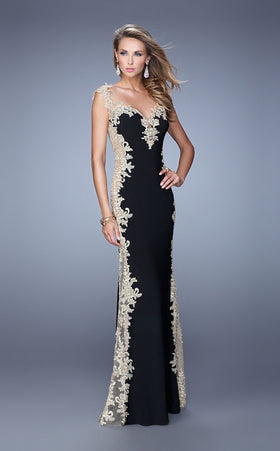 La Femme 20895 Tulle Embroidered Slit Sleeveless Prom Dress