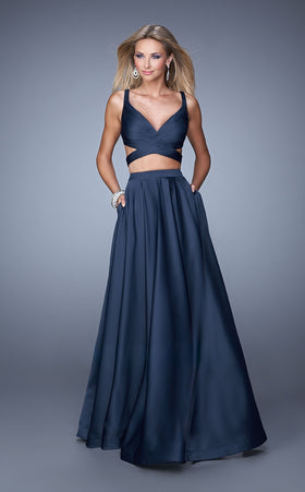 La Femme 21178 Satin Slit V Neck Sleeveless Prom Dress