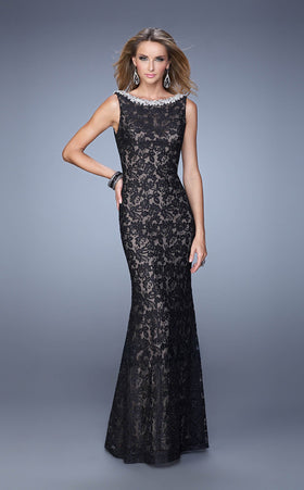 La Femme 21206 Tulle Embroidered Slit Sleeveless Prom Dress