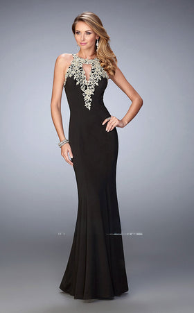 La Femme 21607 Jersey Embroidered Slit Sleeveless Prom Dress