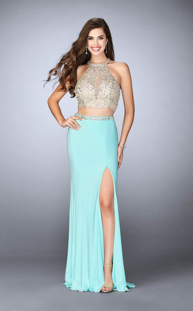 La Femme 23853 Jersey Slit Halter Sleeveless Prom Dress