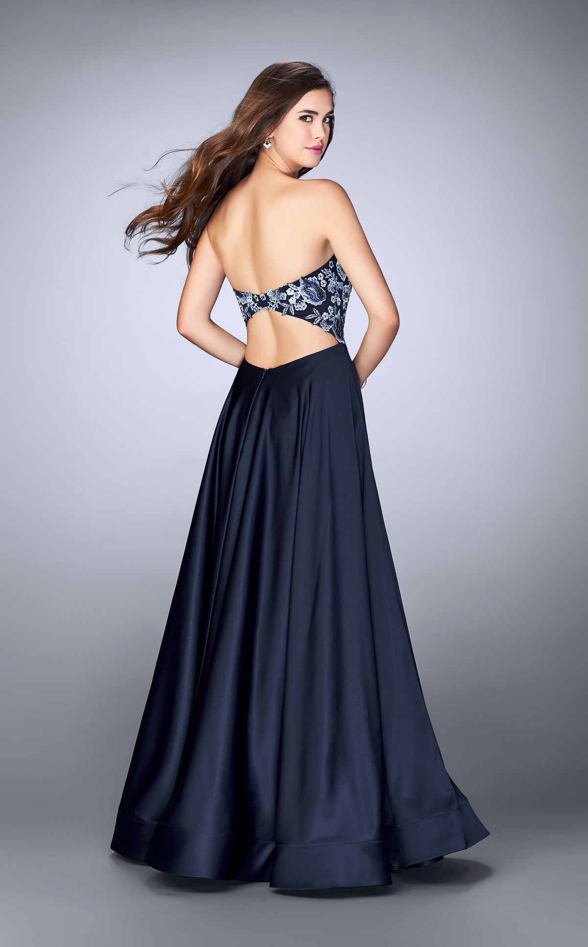 La Femme 23881 Satin Slit Sweetheart Sleeveless Prom Dress