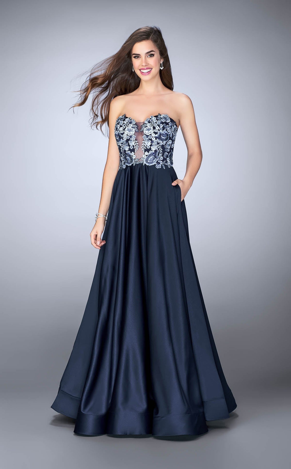 La Femme 23881 Satin Slit Sweetheart Sleeveless Prom Dress