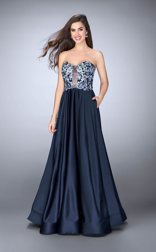 La Femme 23881 Satin Slit Sweetheart Sleeveless Prom Dress