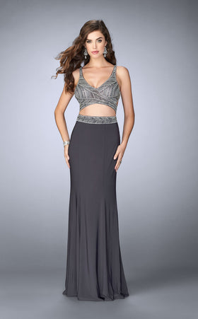 La Femme 23904 Jersey Slit V Neck Sleeveless Prom Dress