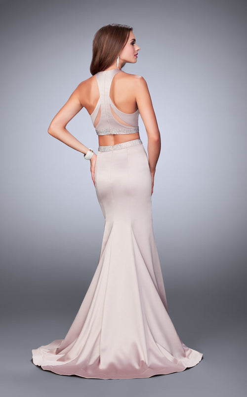 La Femme 23974 Satin Slit Halter Sleeveless Prom Dress
