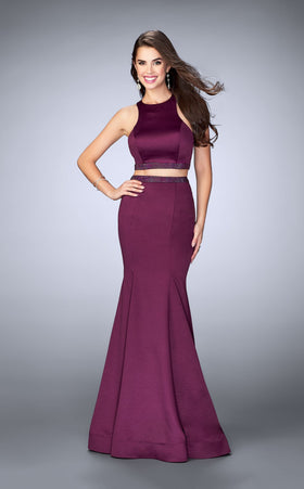 La Femme 23974 Satin Slit Halter Sleeveless Prom Dress