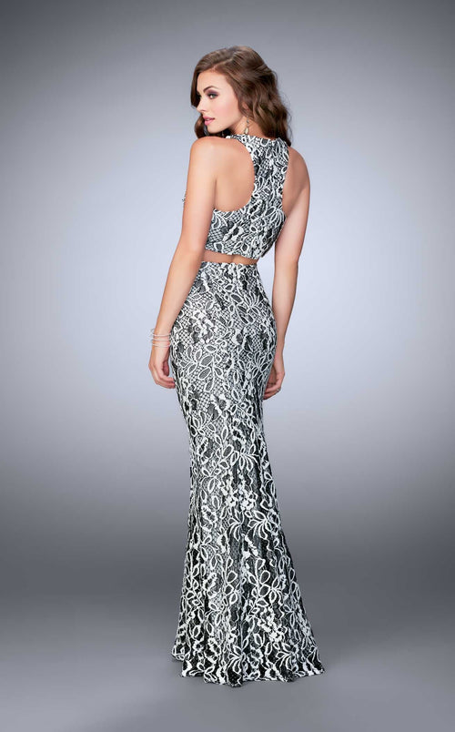 La Femme 23976 Jersey Embroidered Slit Halter Prom Dress